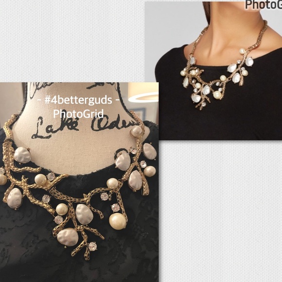 Organic Design of Bronze Tree Branch Faux Pearls & Rhinestone Statement Necklace - Picture 14 of 15
